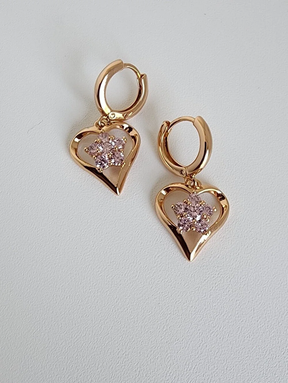 Rose Gold Plated Heart Drop Earrings Pink CZ Crystal Dangle Hoops